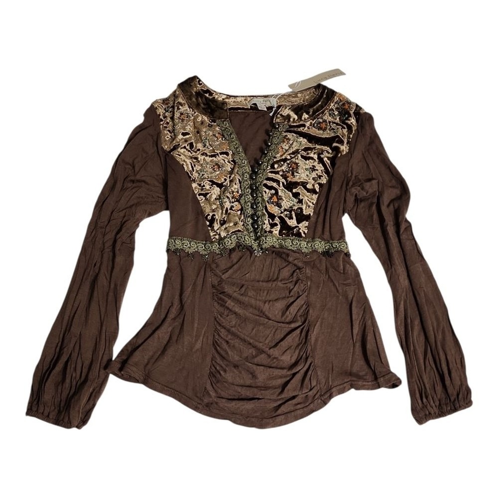 NEW Lucy Paris Brown Velvet Embroidered Sequin Boho Ruched Long Sleeve Top Large